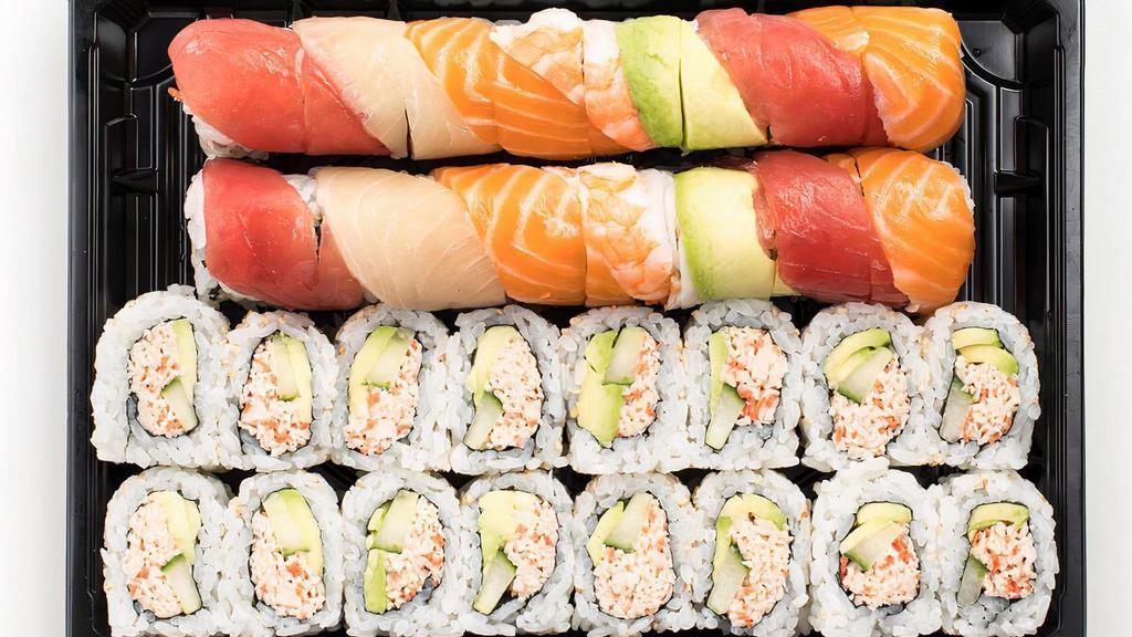 Rainbow† & California† Roll · Rainbow Roll: The classic California Roll† topped with tuna, yellowtail, shrimp, salmon and avocado to look like a rainbow and California† Roll: Crab† mix, cucumber and avocado rolled in seaweed and rice.