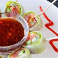 “Ra”Llipop* · Tuna, salmon, yellowtail and spicy tuna mix with lettuce, asparagus and cucumber wrapped in ...