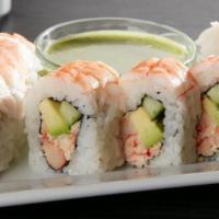 Lobster Shrimp Roll · Lobster krab† mix, cucumber and avocado rolled and topped with shrimp; served with Asian pes...