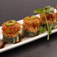 Chili Shrimp Roll · Krab† and cream cheese rolled and lightly tempura battered, topped with spicy krab† mix, cri...