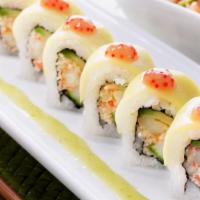 Mango Lobster Roll* · Lobster krab† mix, avocado and cucumber rolled and topped with thinly sliced mango; served w...