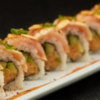 Hot Night Roll · Spicy albacore mix rolled with cucumber and avocado; topped with albacore, chili mayo, green...