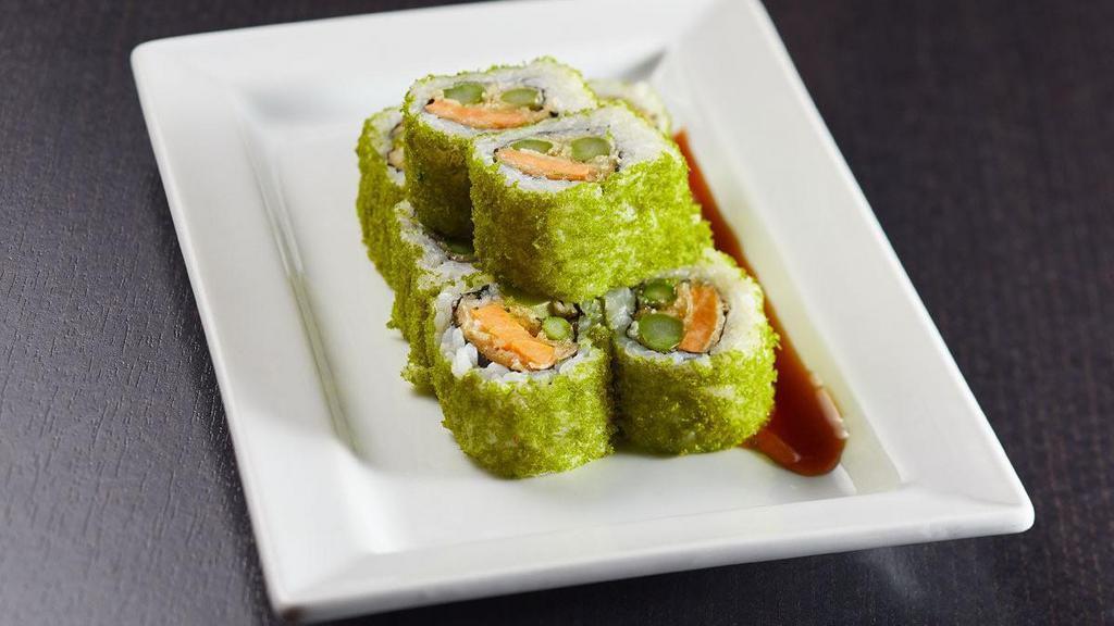 Vegetable Tempura Roll · Lightly fried asparagus and sweet potato tempura; rolled in green tempura bits; served with eel sauce.