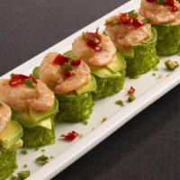 Green Kimono Roll · Krab†, cream cheese and cucumber rolled with green tempura bits; topped with sliced avocado,...