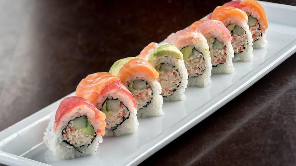 Rainbow Roll* · The classic California Roll† topped with tuna, yellowtail, shrimp, salmon and avocado to look like a rainbow