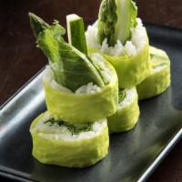 Vegetarian Roll · Cucumber, avocado, arugula, asparagus, and romaine hearts wrapped in green soy paper and rice