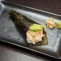 California Hand Roll · Cone shaped roll with Crab† mix, cucumber and avocado rolled in rice and seaweed.