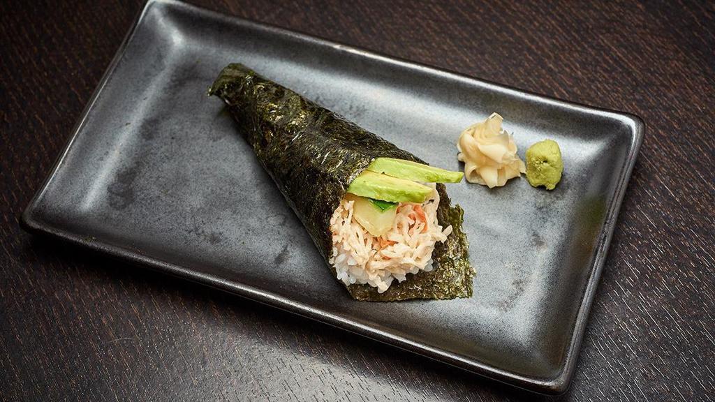California Hand Roll · Cone shaped roll with Crab† mix, cucumber and avocado rolled in rice and seaweed.