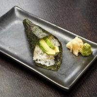 Avocado Hand Roll · Cone shaped roll with slices of creamy avocado rolled in rice and seaweed.