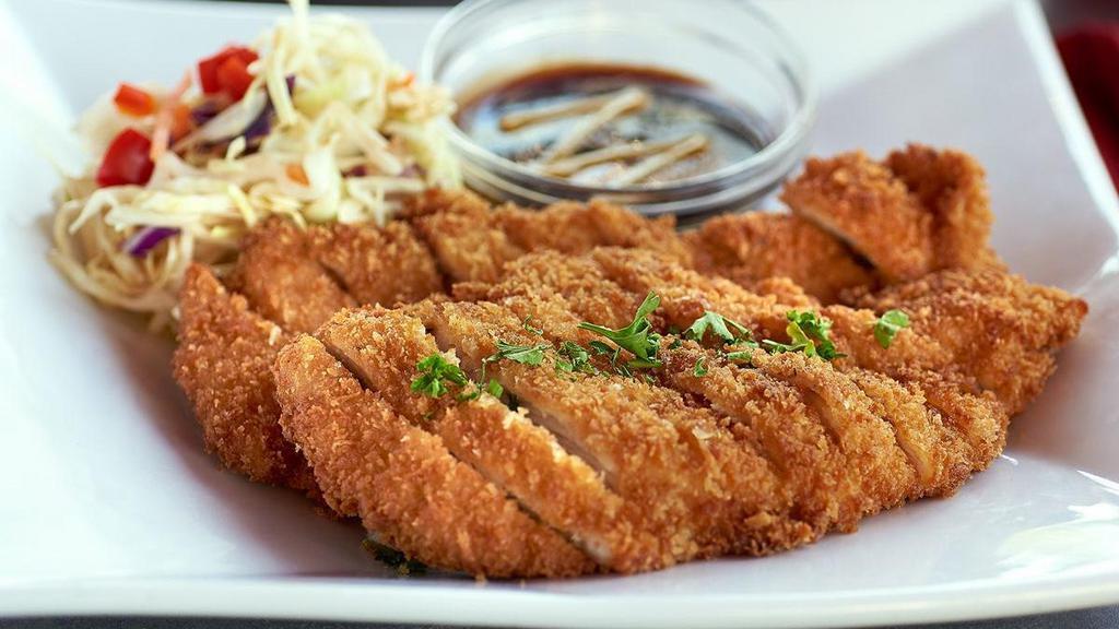 Chicken Katsu · Panko-breaded chicken with Asian coleslaw; with Asian BBQ dipping sauce; Served with miso soup (35 cal) and uchi no salad (55 cal)