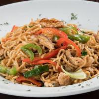 Chicken Yakisoba · Stir-fried Asian vegetables tossed with chicken and yakisoba noodles; Served with miso soup ...