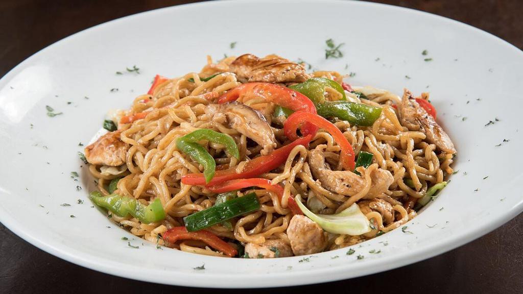 Chicken Yakisoba · Stir-fried Asian vegetables tossed with chicken and yakisoba noodles; Served with miso soup (35 cal) and uchi no salad (55 cal)