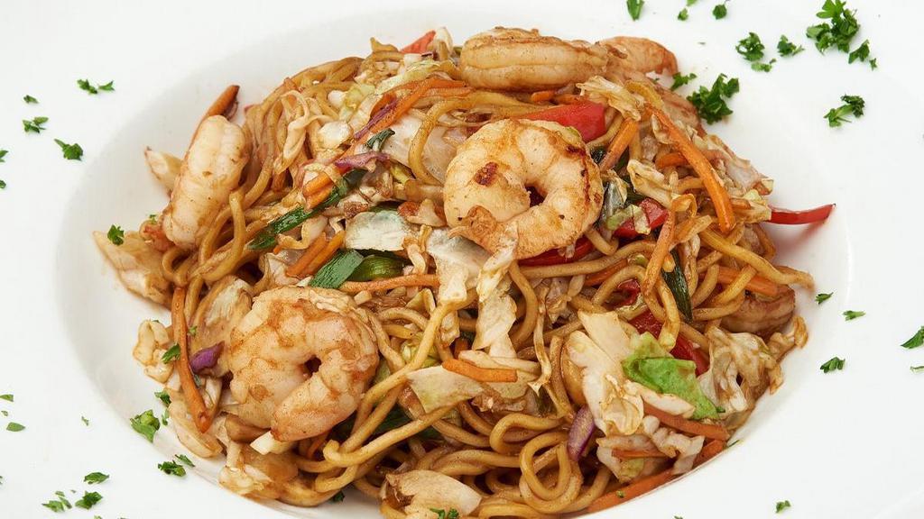 Shrimp Yakisoba · Stir-fried Asian vegetables tossed with shrimp and yakisoba noodles; Served with miso soup (35 cal) and uchi no salad (55 cal)