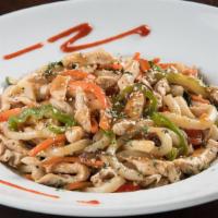 Spicy Chicken Teriyaki Udon · Stir-fried Asian vegetables tossed with chicken and udon noodles in spicy teriyaki sauce