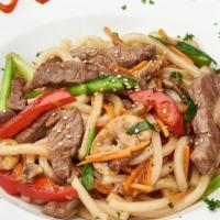 Spicy Steak Teriyaki Udon · Stir-fried Asian vegetables tossed with steak and udon noodles in spicy teriyaki sauce; Serv...