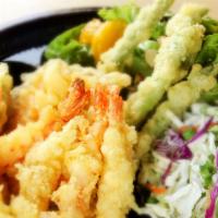 Tempura · Mixed Tempura with Rice and a Salad.