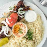 Beef Kabob Plate · 2 skewers. pita bread Tzatzki sauce and a choice of two sides.