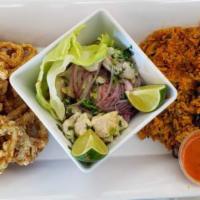 Trio De Mariscos: Ceviche, Arroz Con Mariscos Y Calamar · A platter consisting of three classic seafood dishes: ceviche, our traditional seafood rice ...