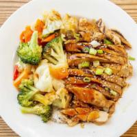 Chicken Teriyaki Bowl · Grilled chicken breast – White Rice – Mixed Vegetables – Choice of Garlic and Spicy Sauce (T...