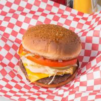 Angus Hamburger · Served with fresh lettuce, tomato, mayo, pickles and red onion.