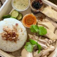 Hainan Chicken (Mixed) · Hainan chicken (mix of dark meat and white meat) served with garlic rice, fried shallots, pi...