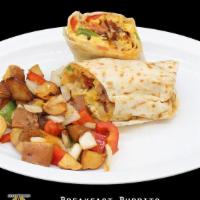 Breakfast Burrito · Flour tortilla, scrambled egg, bell pepper, onion, cheese and bacon. Served with a side of h...