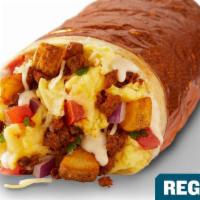 Create Your Own Breakfast Burrito - Regular · Your choice of protein, eggs, seasoned potatoes, queso, salsas and toppings. [Cal 660-1400]