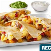 Create Your Own Breakfast Quesadilla - Regular · Your choice of protein, eggs, seasoned potatoes, shredded cheese, salsas and toppings in a f...