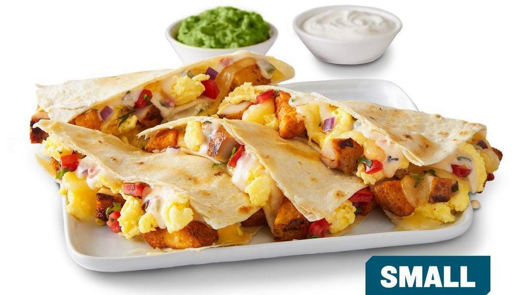 Create Your Own Breakfast Quesadilla - Small · Your choice of protein, eggs, seasoned potatoes, shredded cheese, salsas and toppings in a flour tortilla. Served with hand-crafted guacamole and sour cream. [Cal 700-930]