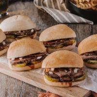 6 Beef Brisket Roadies · fire and smoke, enjoy the show–bbq sauce, pickles, and onions