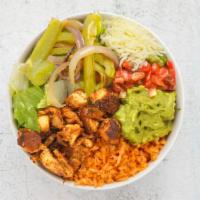 Chicken Burrito Bowl · Grilled chicken, Spanish rice, pinto beans, pico de gallo, and shredded cheese over lettuce.