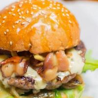 Blue Cheese & Bacon Burger · Angus beef patty, garlic aioli, organic mix green, grilled onions, blue cheese, bacon, deli ...