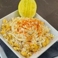 Street Corn (Esquites) · Boiled corn kernels with mayo, cotija cheese, and Chile powder.