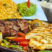 Fajitas Mixta · Grilled chicken and tenderloin strips with sautéed tomatoes, green bell peppers, and onions....