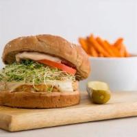 Veggie Burger · Garden patty, jack cheese, tomato, alfalfa sprouts and Russian dressing on a whole wheat bun.