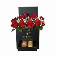 Flower Box Red Roses With French Macaron · Black box with fresh red roses and 10 French macaron. The Macaron must be refrigerated after...