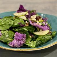 Social Salad · Spinach, purple kale, apples, candied walnuts, gorgonzola, smoked balsamic vinaigrette.