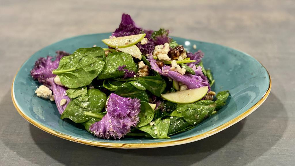 Social Salad · Spinach, purple kale, apples, candied walnuts, gorgonzola, smoked balsamic vinaigrette.