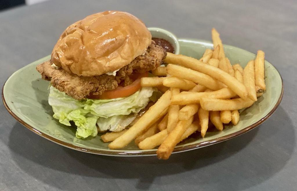 Crispy Chicken Sandwich With Fries · Crispy double brined chicken, pimento cheese, pickles, lettuce, tomato. Served with fries.