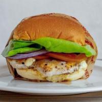 Fast Chicken Sandwich · Organic Chicken Breast, Lettuce, Tomato, Onion, Aioli, Potato Bun.