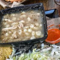 Small Chicken Pozole Soup · Fresh Chicken Broth with hominy with a side of cabbage, radishes, onions, oregano,limes & Ch...