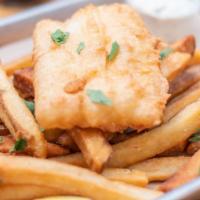 Fish N' Chips · Beer battered alaskan cod, sea salt fries, malt vinegar.