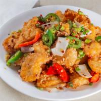 Spicy Garlic Chicken · Stir fried chicken, broccoli, bell pepper, red pepper, onion, carrot, water chestnut in spic...