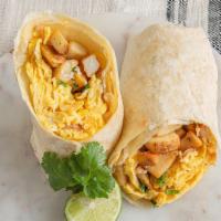 The Burrito That Loves The Bacon · Two scrambled eggs, bacon, breakfast potatoes, and cheese.