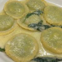 M. Ravioli Butter And Sage · Homemade Ravioli stuffed with Spinach and Ricotta Cheese in Butter and Sage sauce