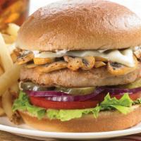 Mushroom & Swiss Turkey Burger · A full-of-flavor turkey burger topped with sautéed  mushrooms and  melted Swiss cheese, with...