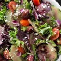 Greek Salad · Vegetarian. Spring mix, vinaigrette, feta cheese, red onion, kalamata olive, tomato, cucumbe...