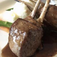 Lamb Chops · Mashed Potatoes, Vegetables, Merlot Reduction
