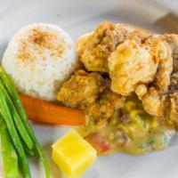 Cajun Alligator · Rice, Vegetables, Corn Maque Choux
