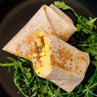 The Venice Breakfast Burrito · flour tortilla rolled up + stuffed with 2 eggs scrambled, nitrate free bacon, cheddar cheese...